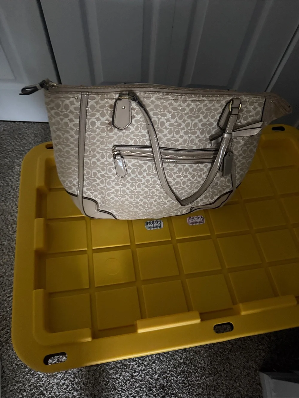 Coach Beige Signature Jacquard Tote with Leather Trim